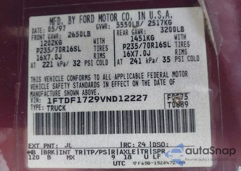 1997 Ford F-150 z USA, uszkodzony, nr VIN 1FTDF1729VND12227